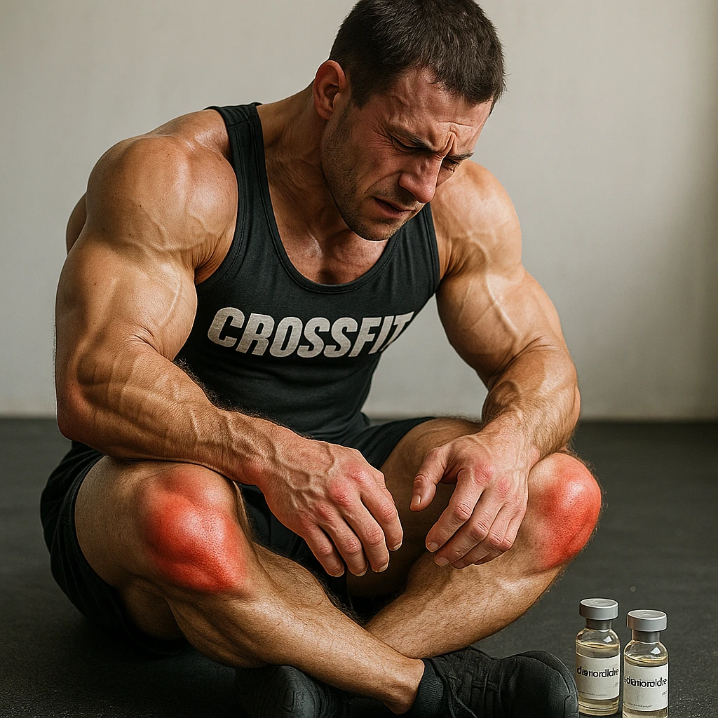 realistic and anatomical crossfit athlete with swollen and reddened joints, detailed muscles, painful posture, vials of 'Stanozololo' nearby, natural light, neutral background emoji