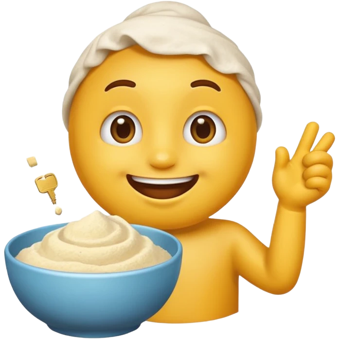 Excited yellow emoji holding a bowl of flour and a key emoji