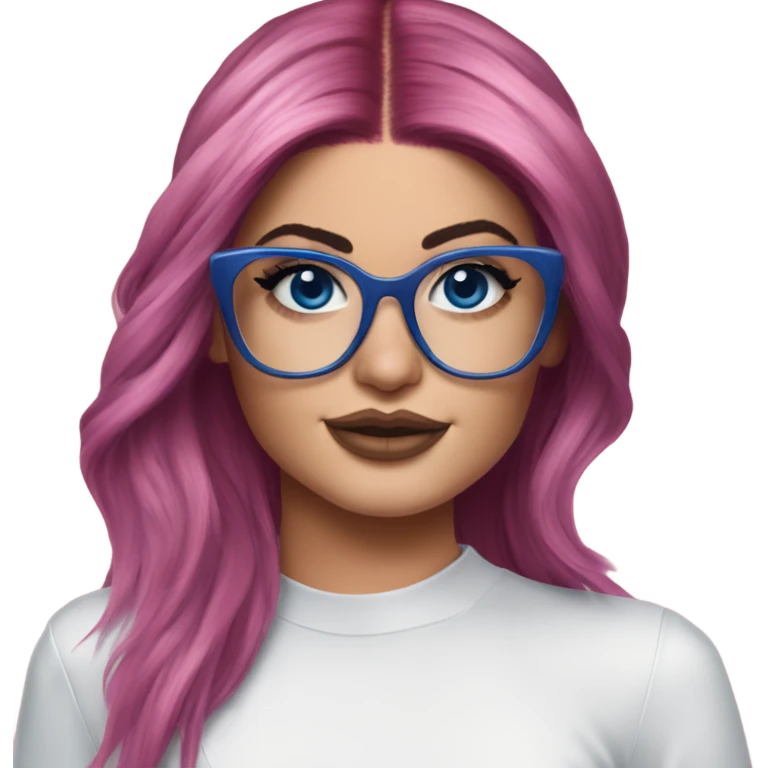 Photo Realistic kylie jenner stylish pink hair BLUE eyes and glasses dress emoji