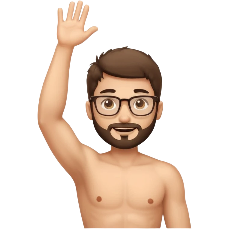 iOS emoji-style cartoon, light stubble, glasses, wide eyes, neutral skin tone, shirtless , hairy chest , one arm up hairy armpit emoji