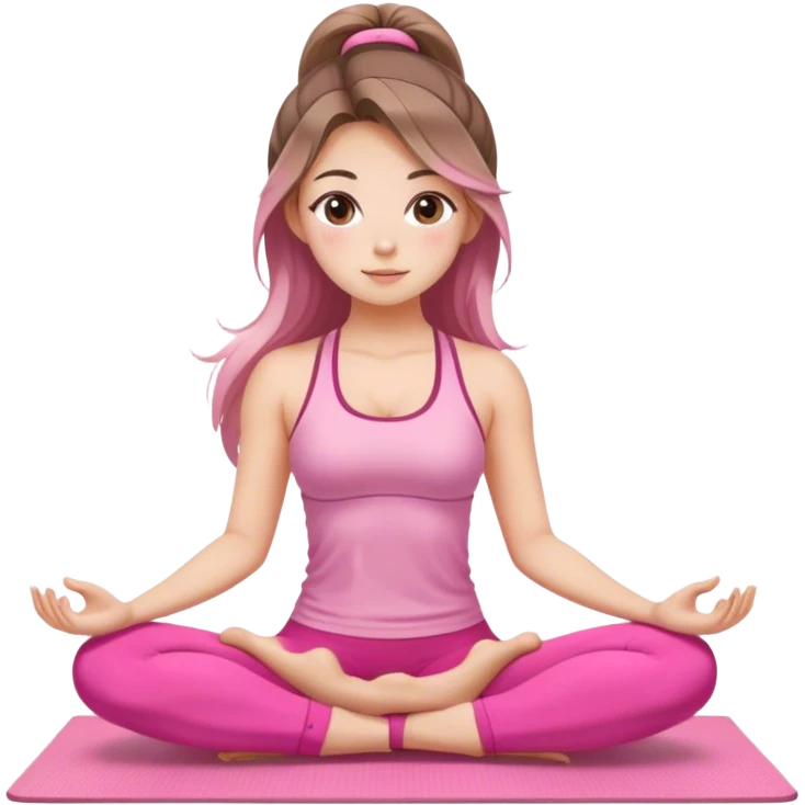 Balayage long hair and brown eyes yoga beautiful girl in pink clothes sitting on a yoga mat emoji