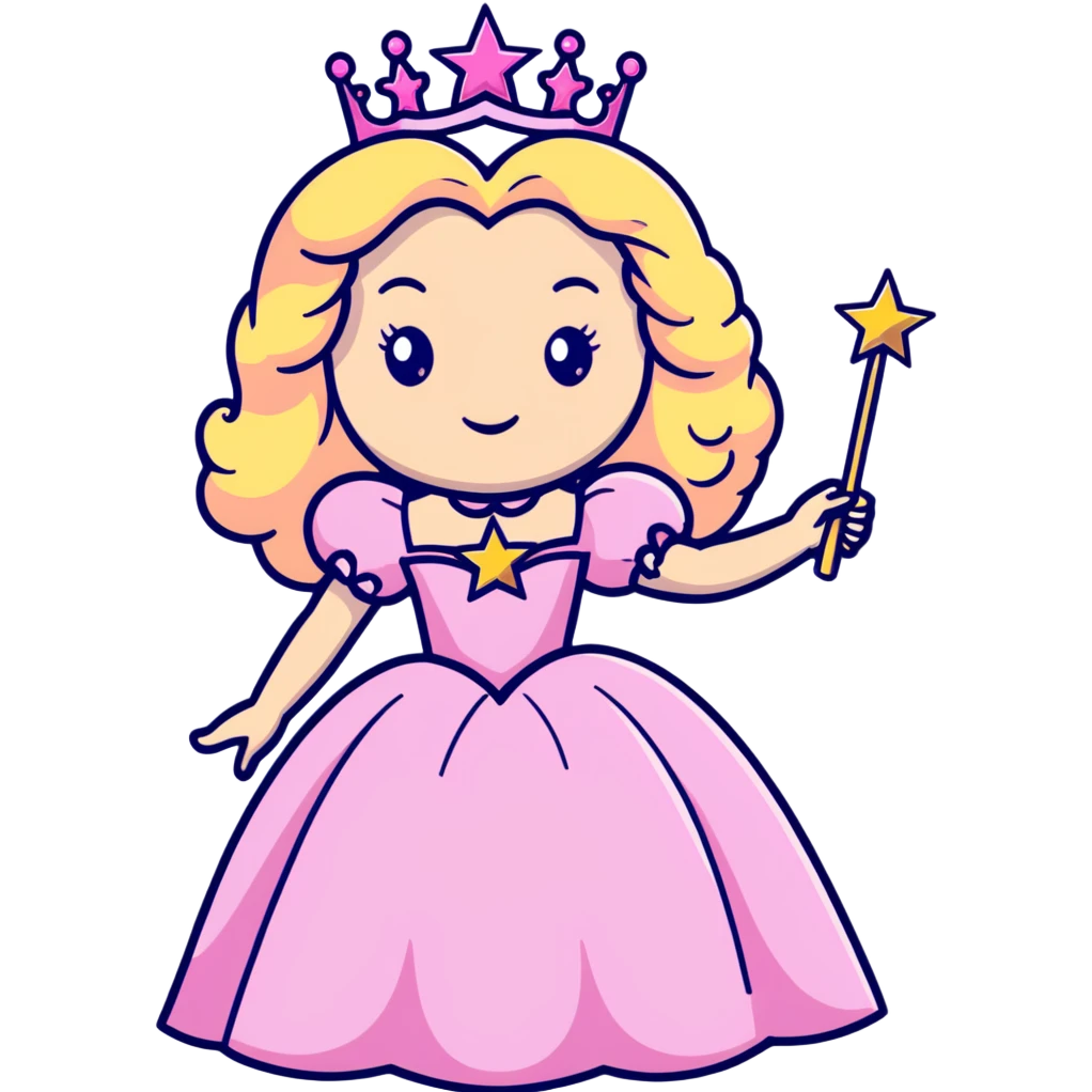 Glinda the Good Witch with long blonde curly hair, sparkling tiara, puffy pink ballgown, and magic wand with star emoji