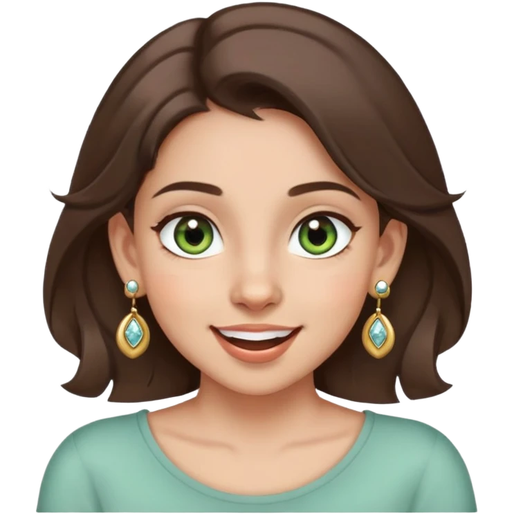 girl with gray-green eyes, brown hair, multiple earrings, mole on cheek, joyful expression emoji