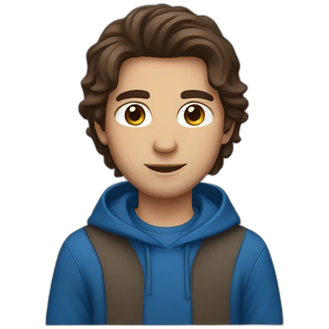 guy with middle long brown hair, big brown eyes and blu hoodie emoji