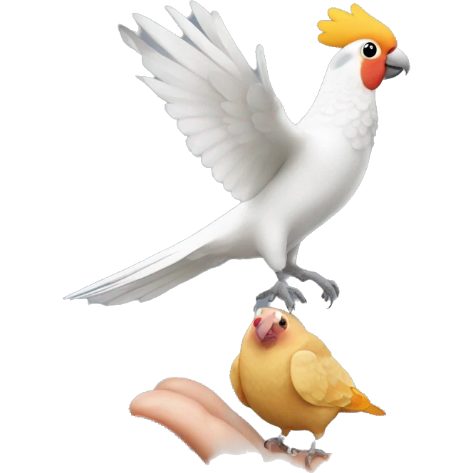 Cockatiel landing on a old lady with ginger curly hair, with also a ringneck dove in her hand  emoji