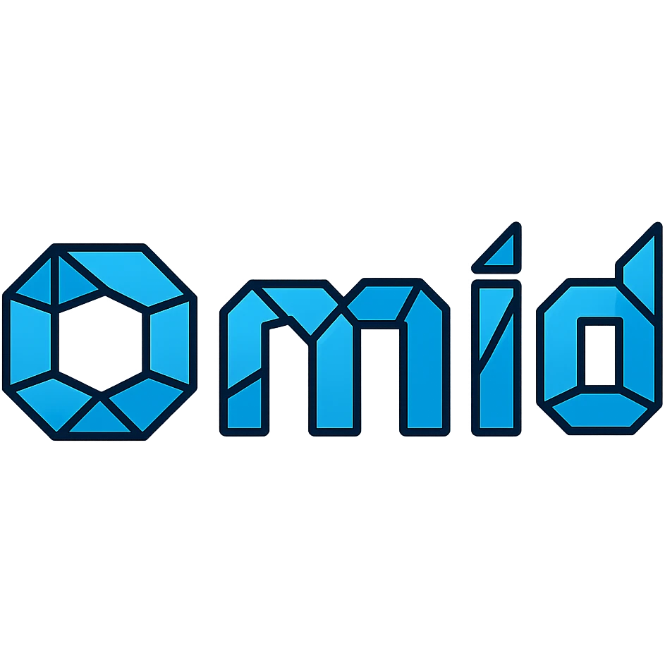Change the text to all uppercase: 'OMID'. Keep the geometric icon style with sharp angles, abstract and tech-inspired, suitable for a startup, with no background. emoji
