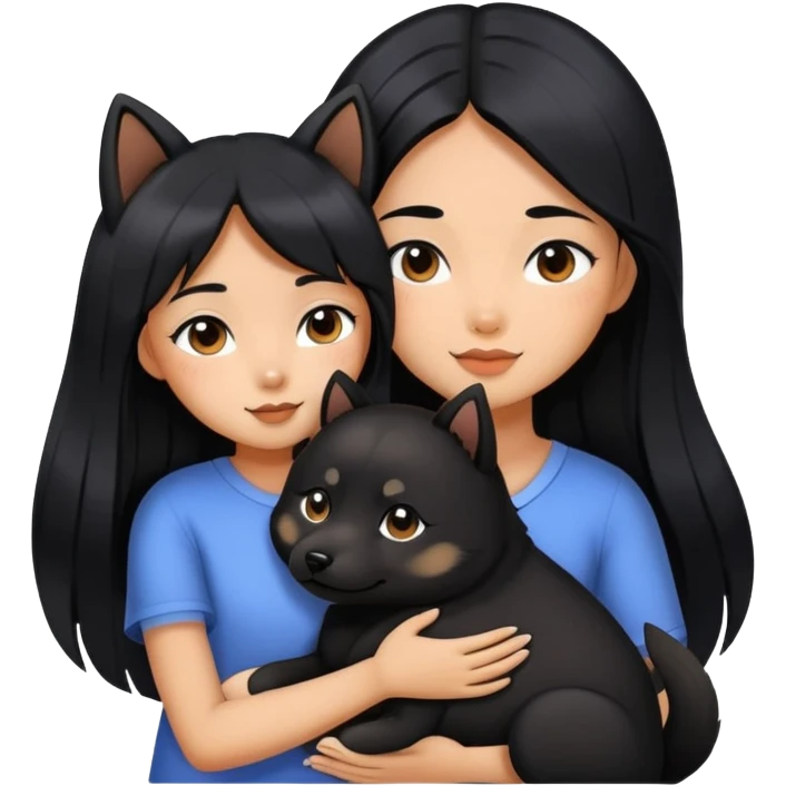 A beautiful girl with long black hair hugs a Black Shiba Lnu emoji