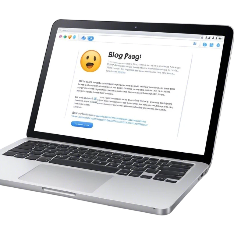Create an emoji representing blogging as a form of content creation. The design should feature a laptop or desktop computer with an open blog page on the screen, showing visible text, photo or graphic. Do not include any emojis or smiley faces. Make the background transparent. emoji