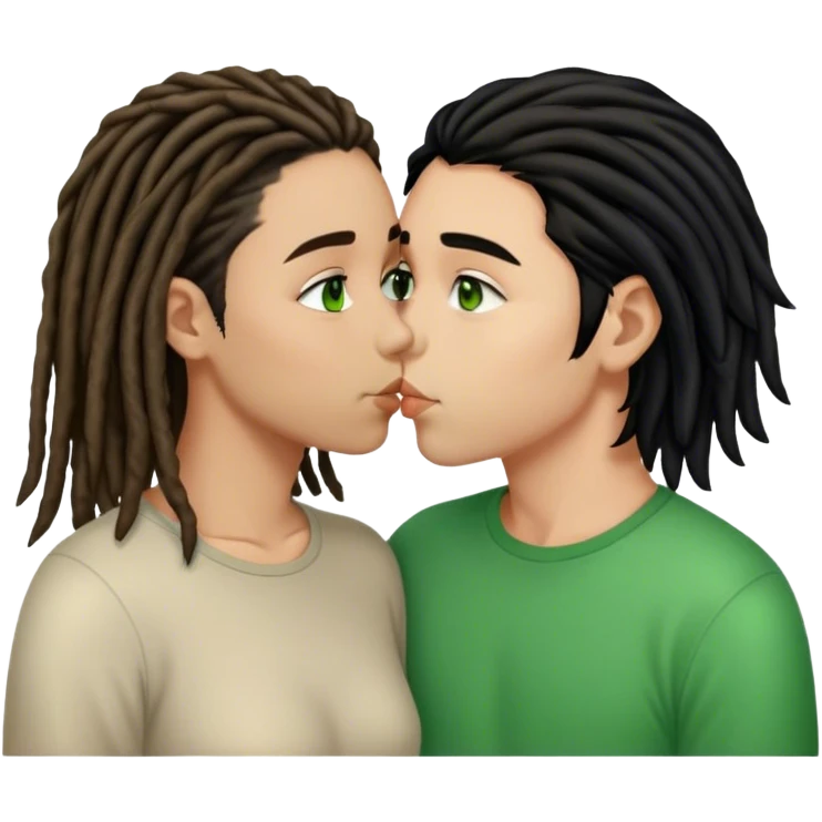 couple kissing. boy light skinned, short brown dreads, and green eyes. the girl is light skinned, straight black hair, and brown eyes emoji