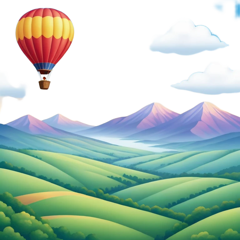 a clear sky and distant hills in the background with A colorful hot air balloon floating gracefully above the ground. The balloon's vibrant colors stand out against the soft clouds, capturing the peaceful yet adventurous spirit of hot air ballooning. emoji