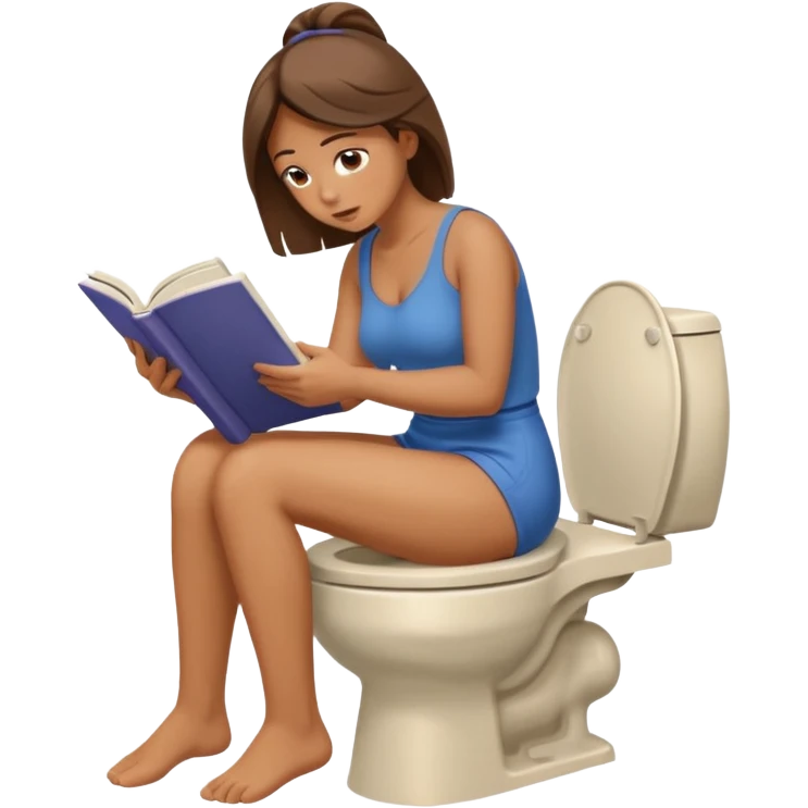 A woman is sitting on the toilet, she sits with her bare ass on the toilet and she it reading a book. She is struggling because she tries to poop. View from the top emoji