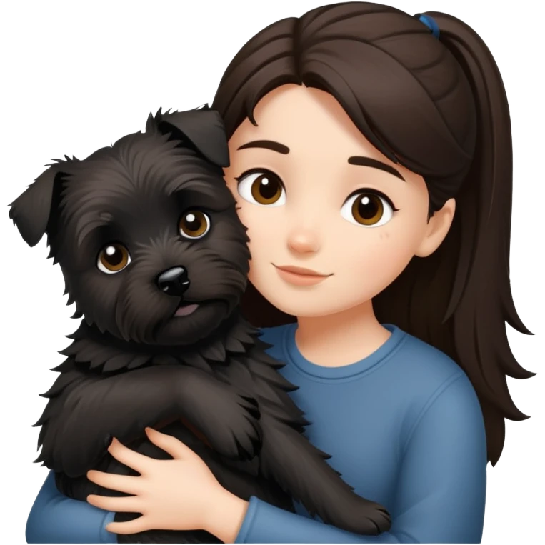 Brunette girl with black cairn terrier hug emoji