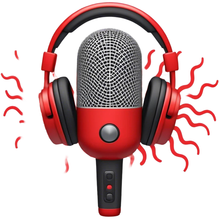 Create a dynamic and energetic emoji that represents beatboxing. The design should feature a stylized microphone with sound waves emanating from it, symbolizing vocal percussion and rhythm. Add elements like headphones or a subtle speaker to emphasize the music production aspect. Use bold colors like black, white, and red to convey the intensity and creativity of beatboxing. The background should be transparent. emoji