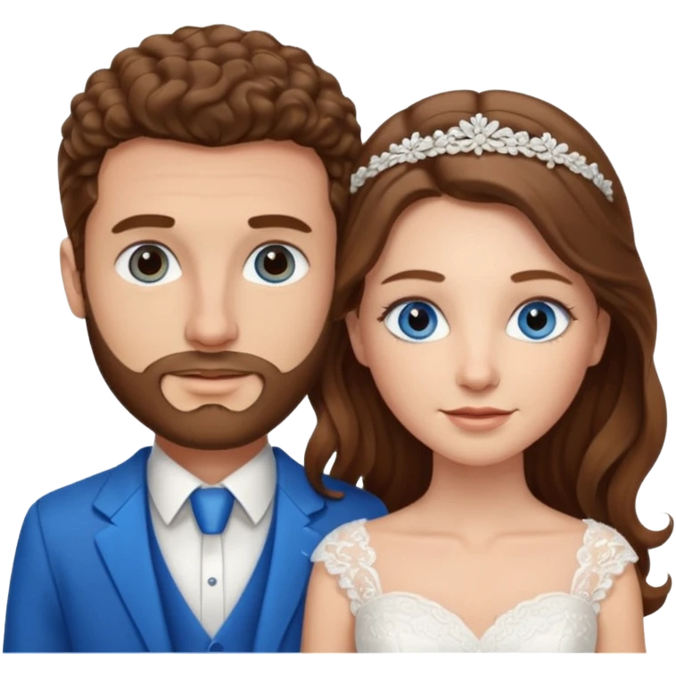 wedding couple, woman has long straight brown hair and blue eyes, man has short light brown curly hair and facial hair with blue eyes emoji