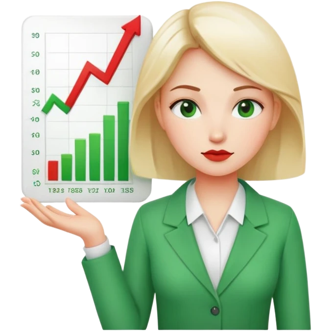 Female character displaying two small charts, green upward trending graph in right hand, red downward trending graph in left hand emoji