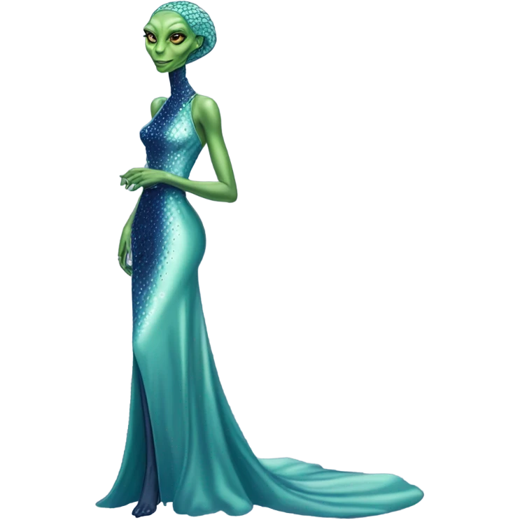 reptilian green alien woman, in long slim pastel blue formal party satin dress with gradient shiny sparkling navy blue diamonds embroidered, full body full figure emoji
