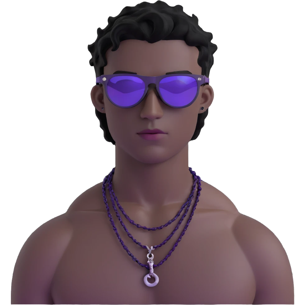 shirtless male athlete with white skin and moderately curly black hair on top with shaved sides, wearing purple sunglasses with very dark heavily tinted black lenses that completely hide the eyes, and a plain black chain necklace emoji