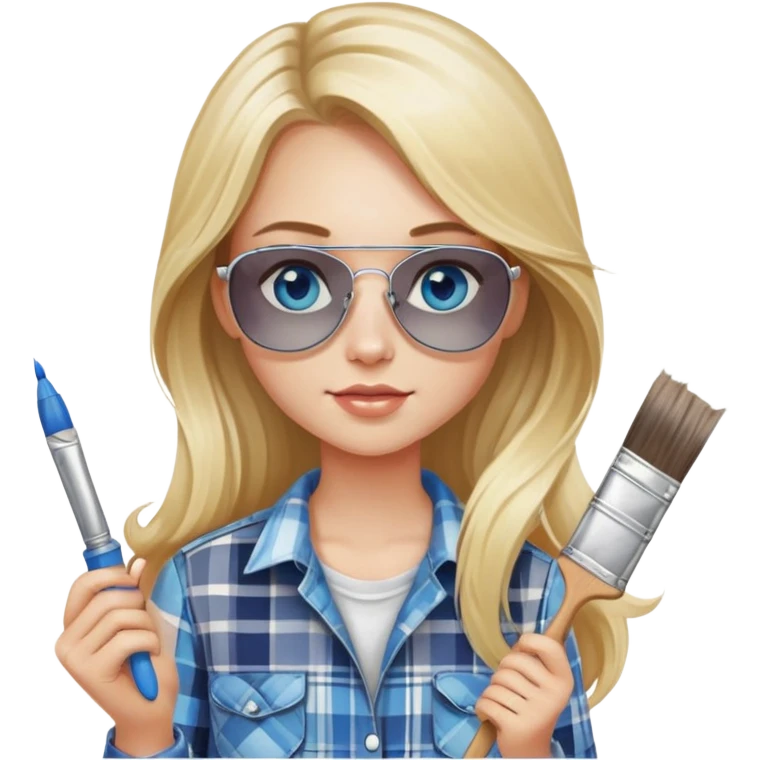 girl with long blond hair, wearing plaid shirt with blue eyes and aviator sunglasses wearing a ring on her silver necklace, holding a paint brush roller emoji