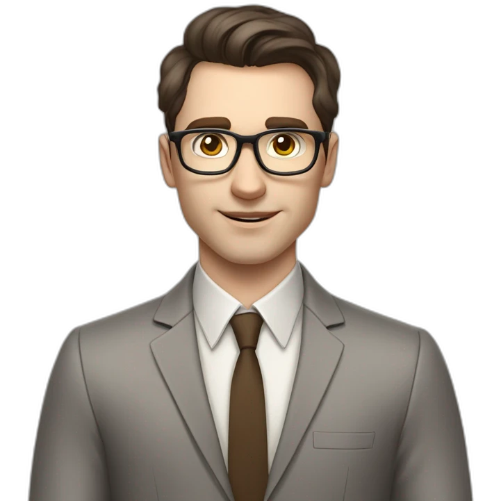 Pale skinned fit man with dark brown hair in gray jacket, beige office shirt, brown tie, brown pants and vintage glasses Writing text on the flipchart emoji