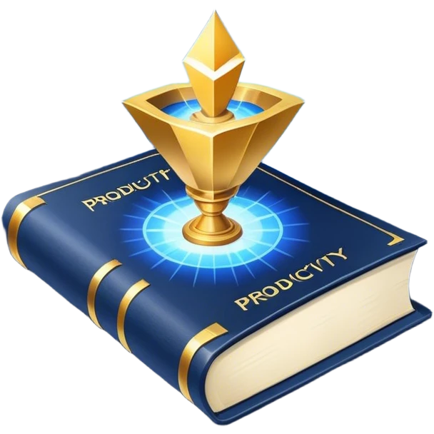 A navy blue productivity book with gold details, chart with upward trend aura, radiating productivity, strategy, and success in motion- emoji