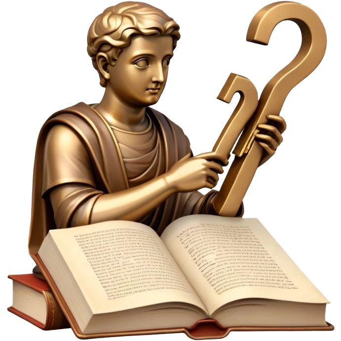 An icon featuring a thinker statue, a scroll, and a question mark, symbolizing philosophy. The design includes books, and abstract symbols representing deep thought and wisdom. Transparent background highlights the study of ideas, logic, and existential questions emoji
