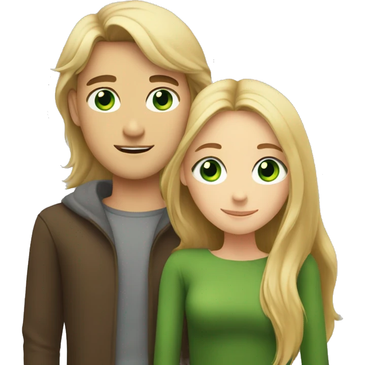 A girl with green eyes and brown long hair hugs a blond guy with green eyes emoji