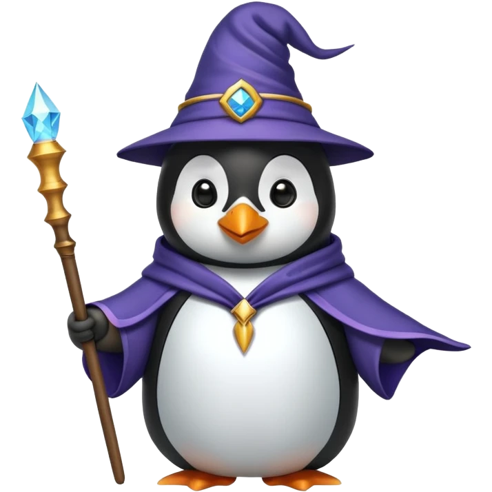penguin wearing wizard hat and robe holding magic wand emoji