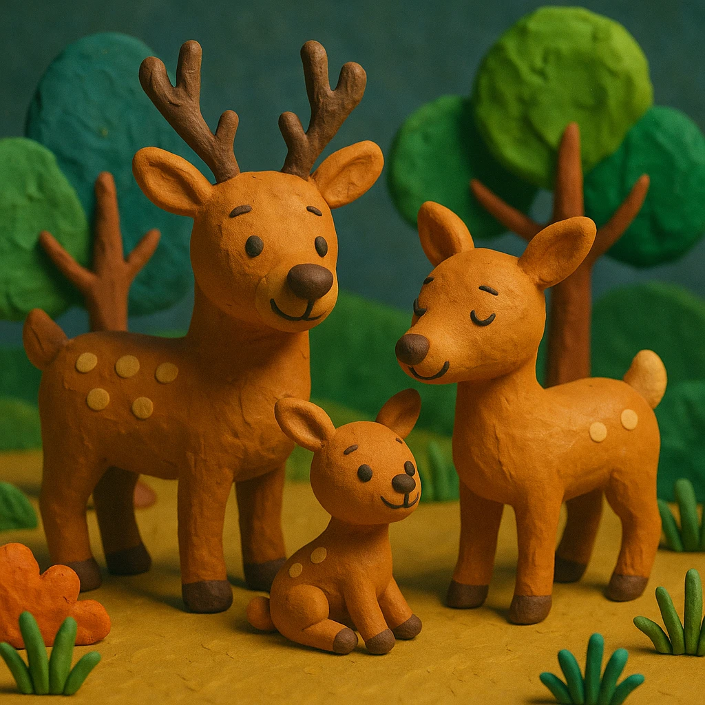 deer family in a woodland clearing, vibrant colors, cheerful and cozy, claymation style emoji