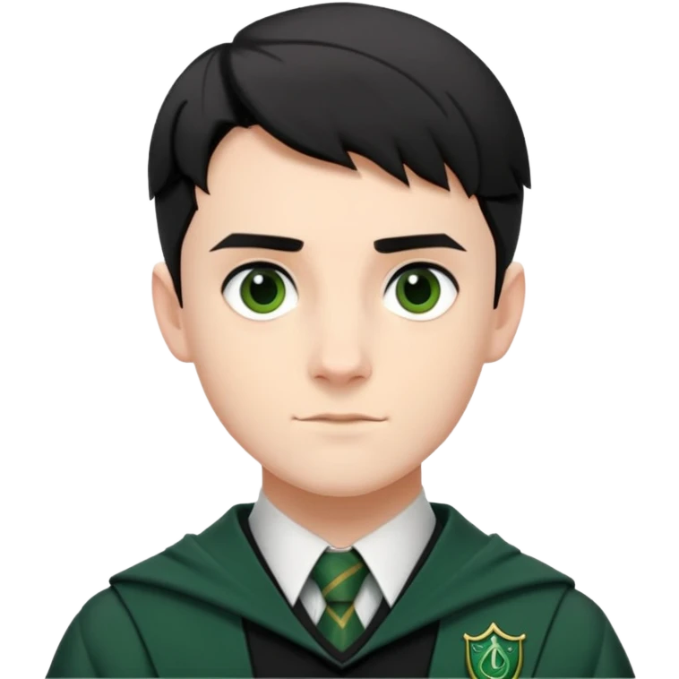 Jamie Yeates is Marcus Flint in harry potter, wear hogwarts slytherin uniform, short black hair emoji