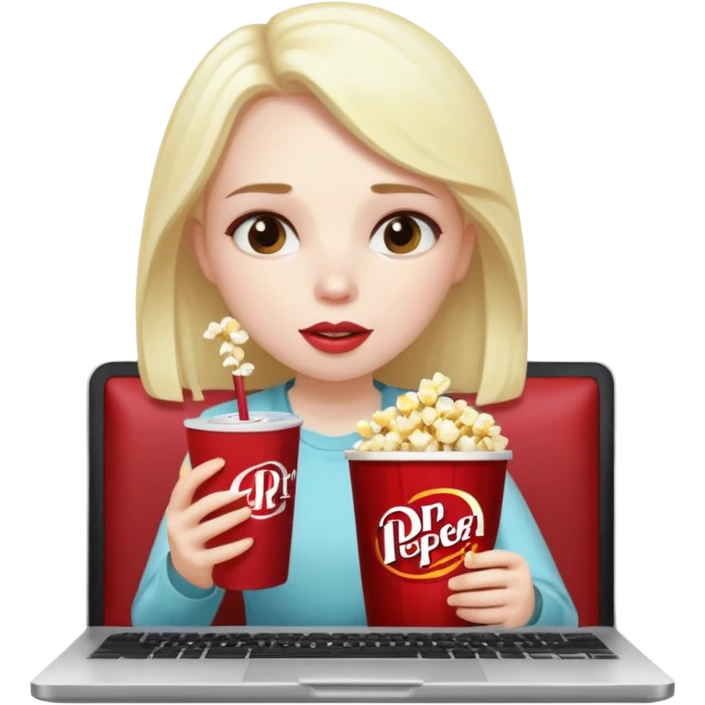 Tired girl on laptop eating popcorn and drinking a Dr Pepper emoji