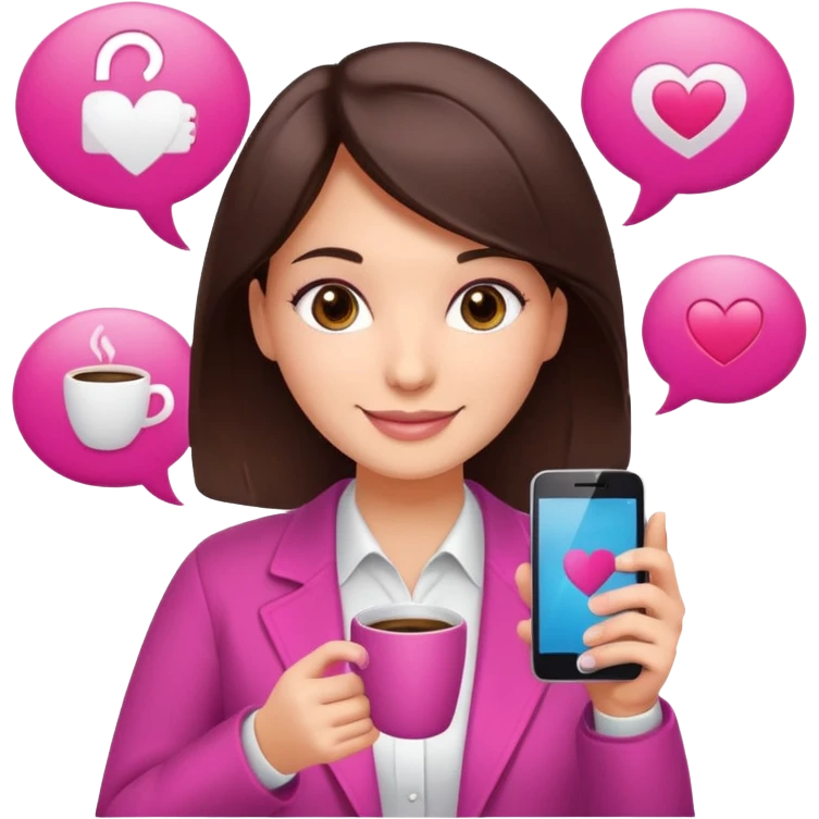 Social media manager. She has dark brown hair, brown eyes, a friendly smile. She is holding a smartphone and a coffee cup. Include subtle marketing elements like small icons of hashtags or a speech bubble with a heart. Use vibrant colors with a focus on pink and fuchsia tones. emoji