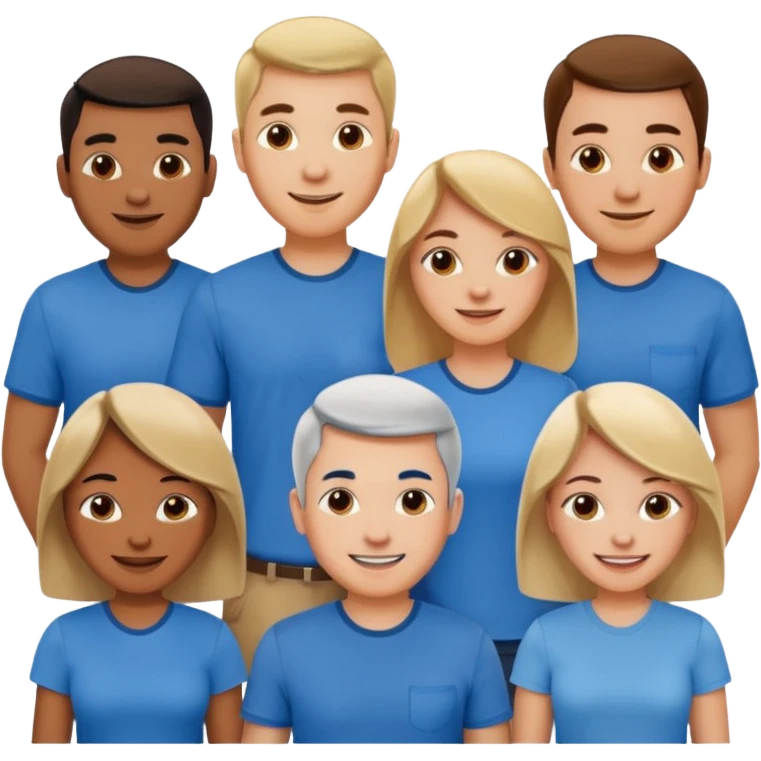 CREA UN EMOJI DE 7 PERSONAS HOMBRES Y MUJERES, CON CAMISA AZUL SOLO 7 SIETE PERSONAS emoji