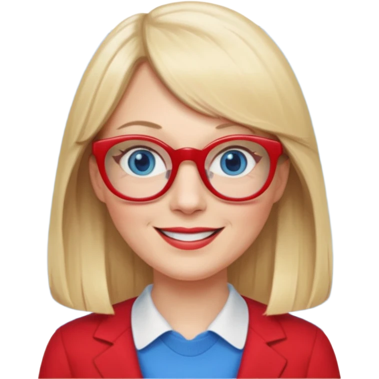 45 yr old white woman, pale skin, long straight blond hair parted in center, blue eyes, bangs, clothes for school, big red glasses, oval face emoji
