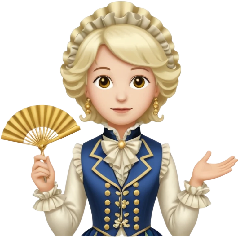 An emoji portrait of a French aristocrat. He wears a powdered wig and a silk waistcoat with a ruffled jabot. His expression is poised and refined, and he holds a fan. emoji