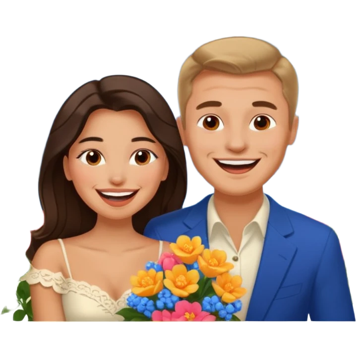 Couple  laughing traveling russian man and elegant  Latina girl delicate flowers and mountains in the background  emoji
