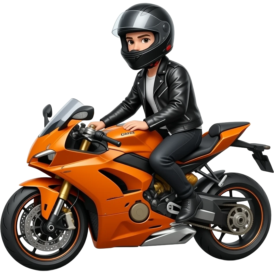 young man with black pants and a black orange leather jacket wearing a black motorcycle helmet is sitting on a orange motrocycle emoji