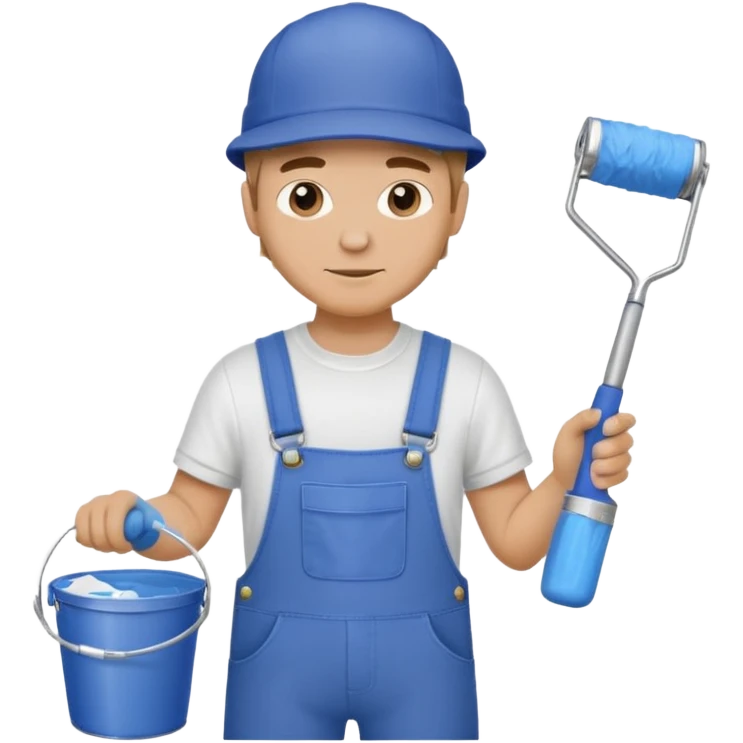 professional house painter man wearing overalls and a cap holding a paint roller with a paint bucket emoji