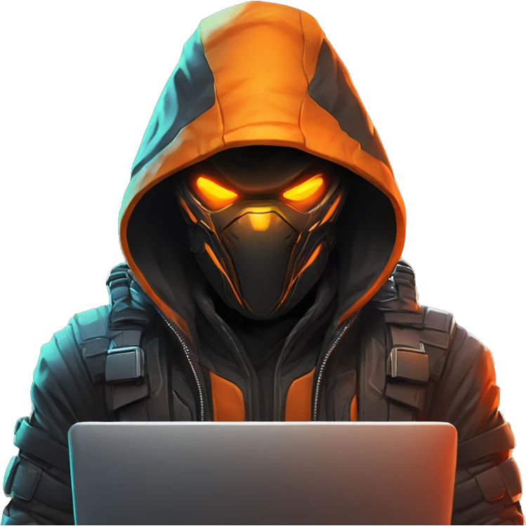  developer behind his laptop with this style : crysis Cyberpunk Valorant orange glowing bright orange character orange black hooded assassin themed character emoji