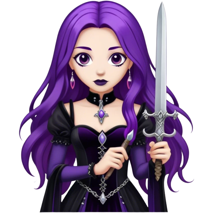A gothic princess with long purple hair, in a black velvet dress, holding a silver dagger. emoji