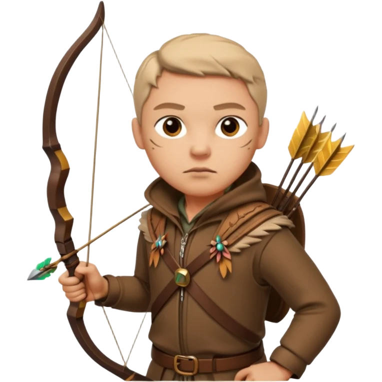 The classic hunter figure with a bow and arrow on his back, dressed in brown clothes and adorned with animal decorations emoji
