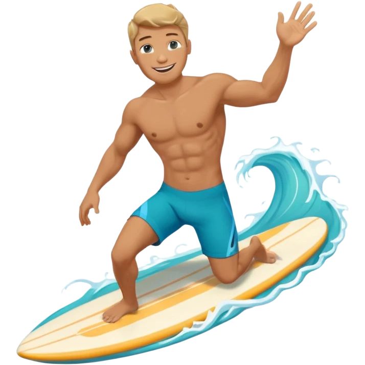 human male surfer riding a turquoise wave, muscular torso, shorts, big smile, bright sun, centered emoji, summer palette emoji