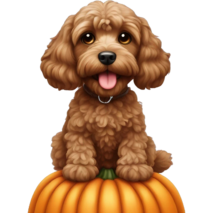 Brown cockapoo sitting on a pumkin emoji