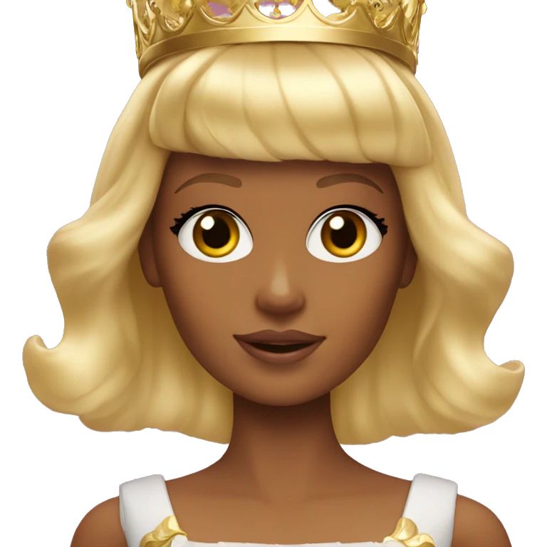 Blonde Barbie with full bangs and long hair and hazel eyes wearing a gold crown emoji