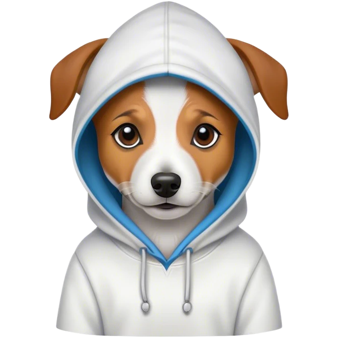 Jack russel wearing a hoodie with a hat emoji