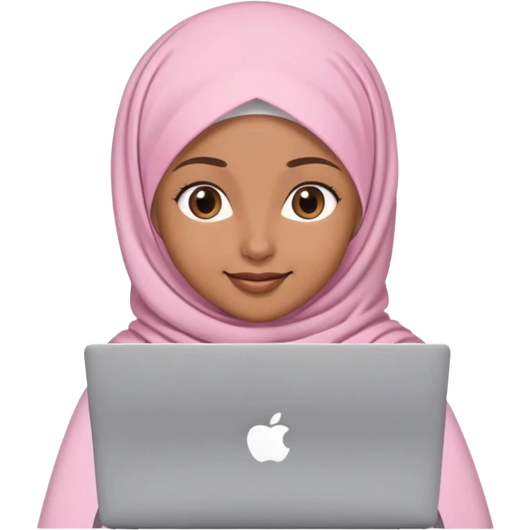 Light brown skin woman wearing light pink hijab with hair showing working behind laptop emoji