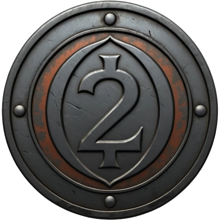 Minimal emoji, gothic metal coin made of black steel, engraved number 2 at the center, ancient industrial aesthetic, worn metal texture, no glow, no neon, flat emoji design, centered, transparent background emoji
