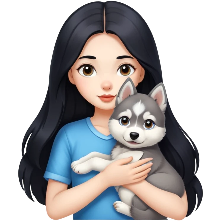 beautiful girl with long black hair holding a cute husky puppy emoji