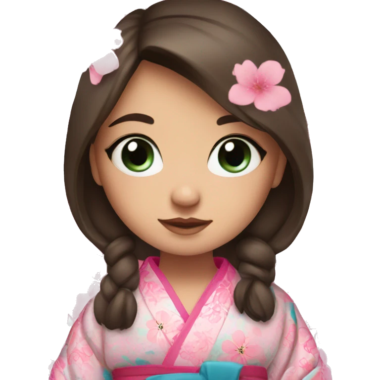 cute brunette girl with blue eyes in pink flower kimono emoji