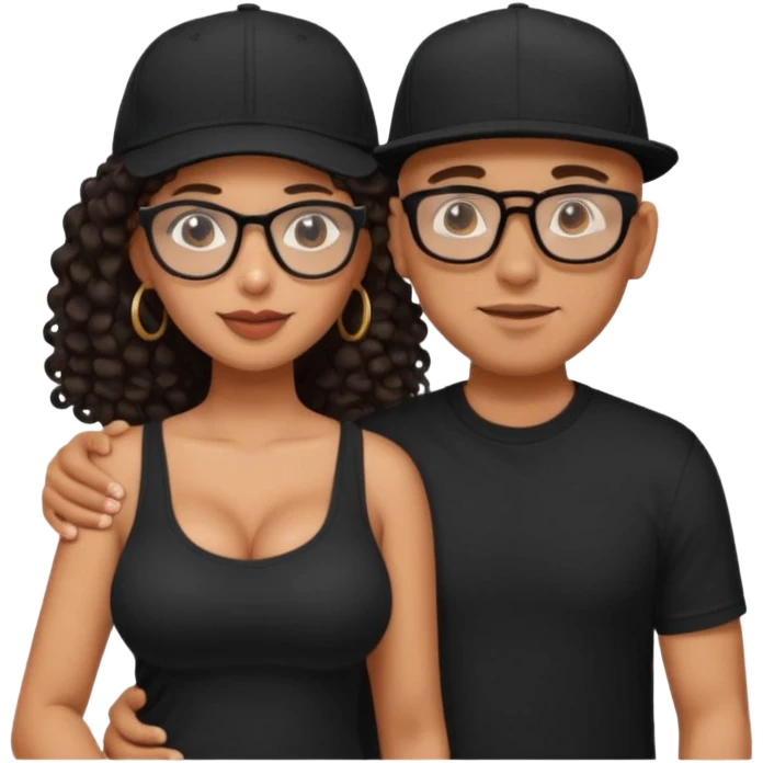A picture of an embracing tanned couple. the man is a Mexican man with tanned skin, with a bald hair cut wearing a SnapBack hat and a black shirt. the woman wearing black glasses, with long curly dark brown hair and with big boobs.  emoji