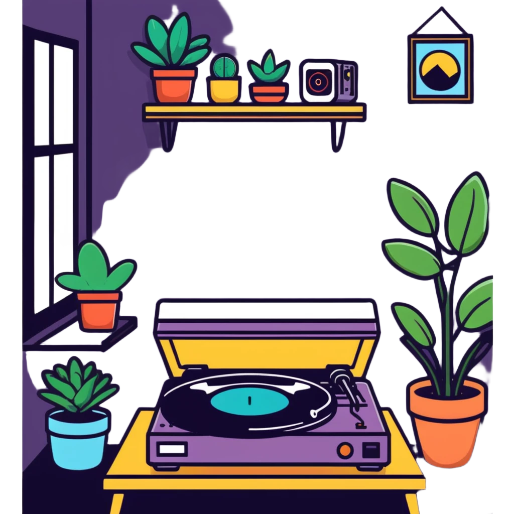 small bedroom with indie aesthetic, record player, art prints, potted plants, fairy lights, colorful pillows, vintage items emoji